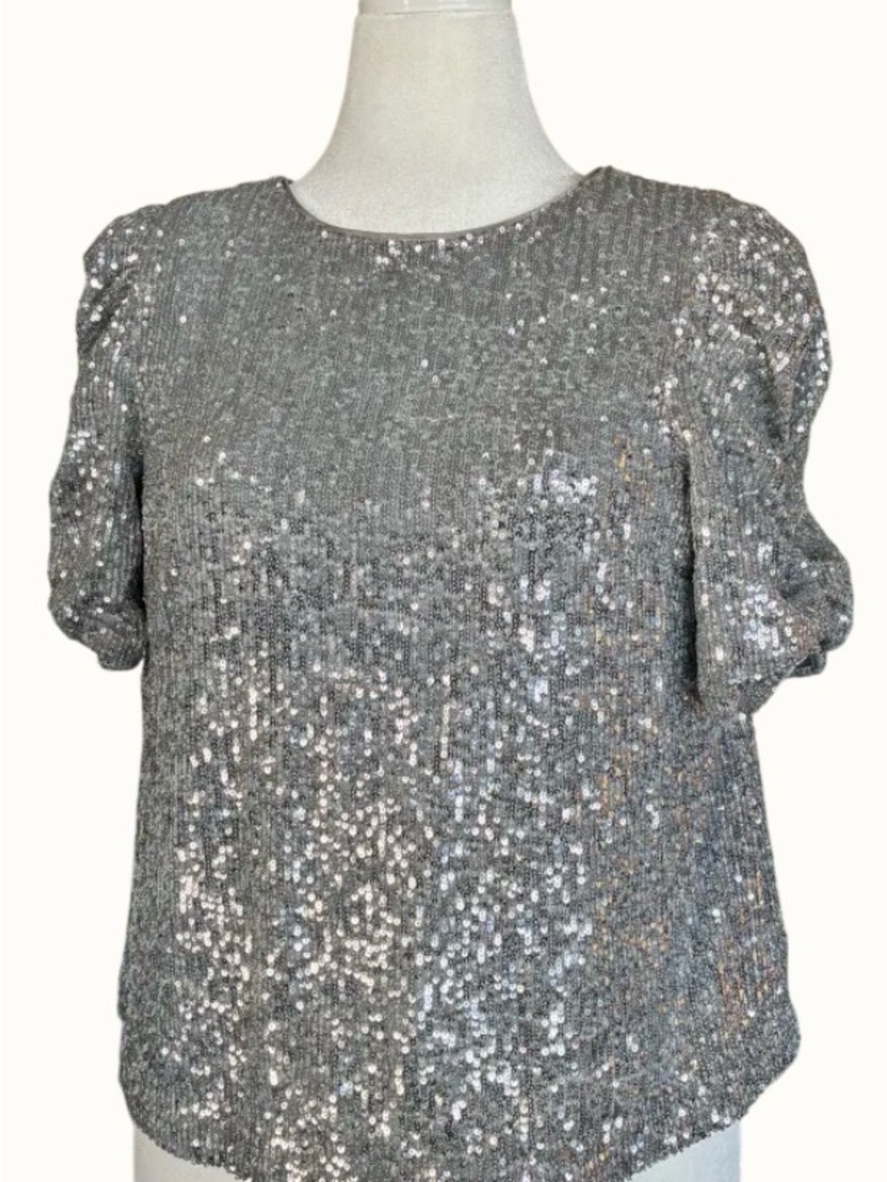 Anthropologie Silver Sequin Short Sleeve Blouse